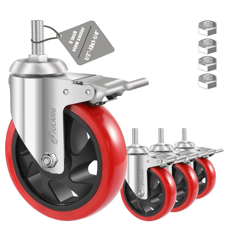 Julang 5 Inch Stem Caster Wheels Heavy Duty, 1/2 Threaded Stem Casters Set of 4 (1/2"-13x1.25) - 2800 LBS Load Capacity, PE Wheels for Machinery, Carts, Dollies, Workbenches & Furniture - Image 1